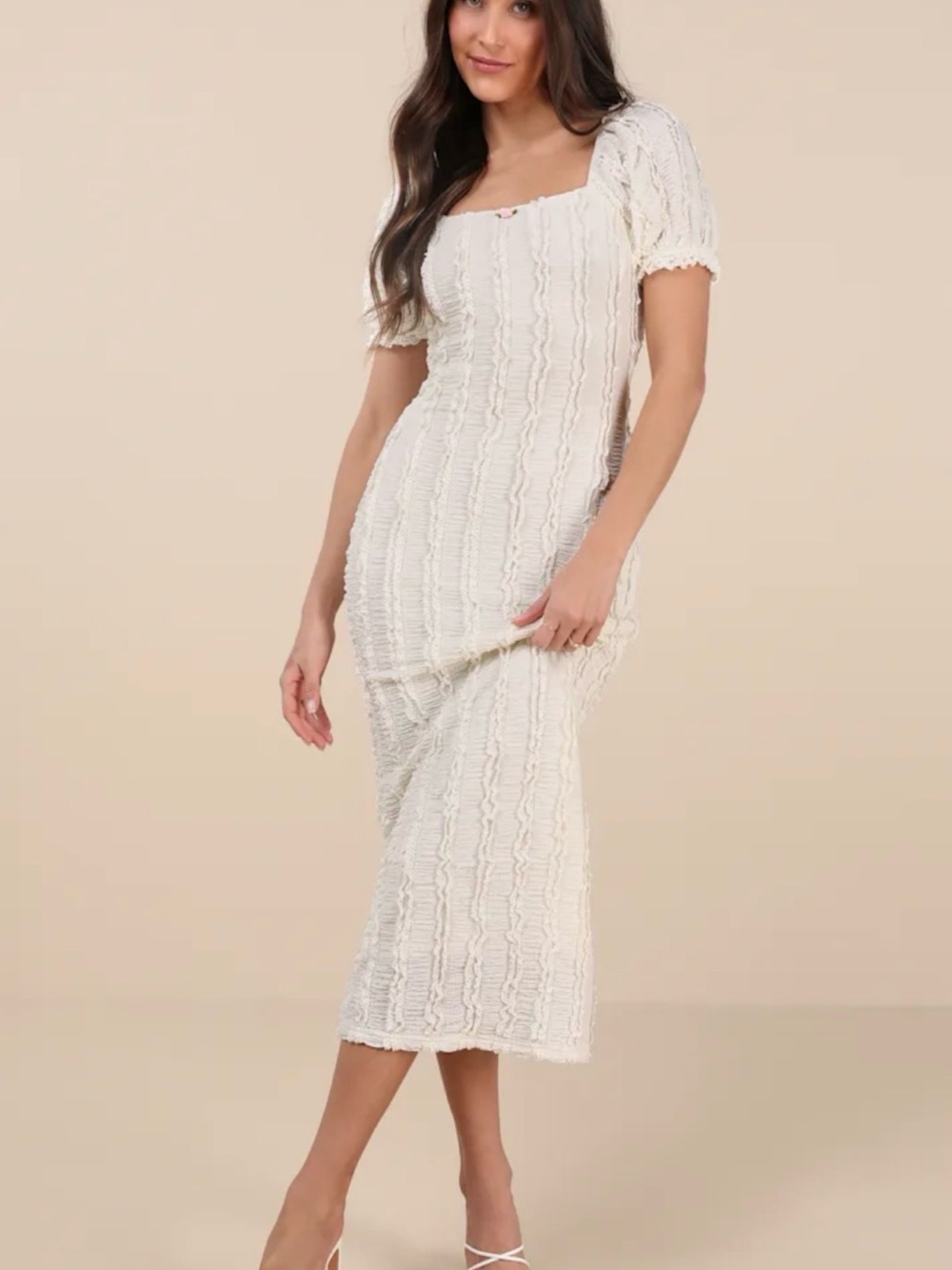 NWT Lulus Typical Cutie Ivory Textured Puff Sleeve Midi Dress Size M Bridal